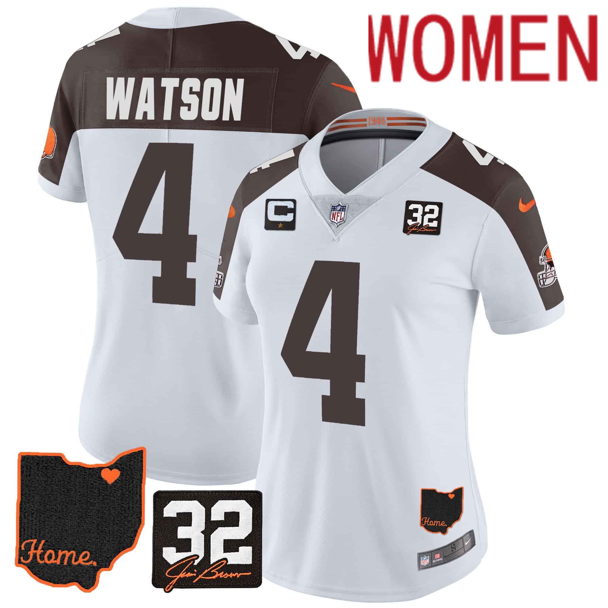 Women Cleveland Browns 4 Watson White Memorial Home Patch 2024 Nike NFL Jersey style 1